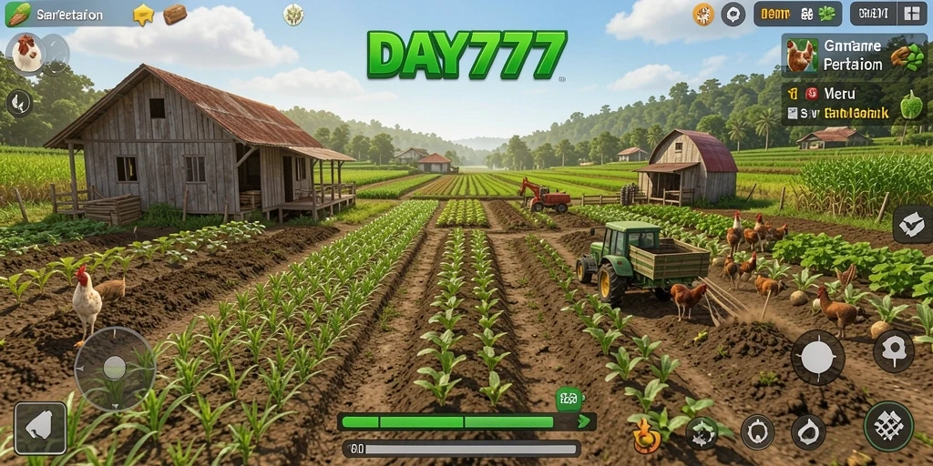 Tampilan gameplay DAY777 yang menggambarkan aktivitas pertanian yang mengasyikkan.