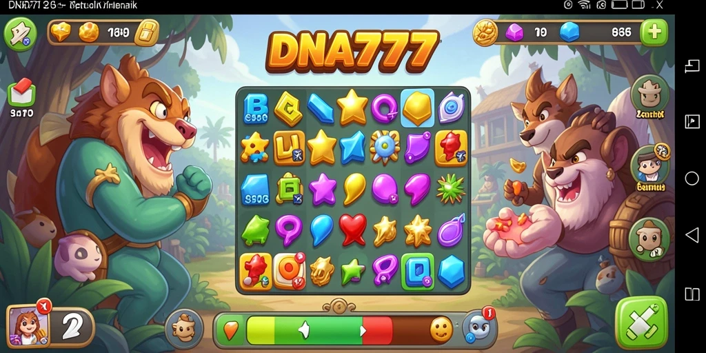 Tampilan gameplay seru DNA777 dengan mencocokkan ikon Match-3.
