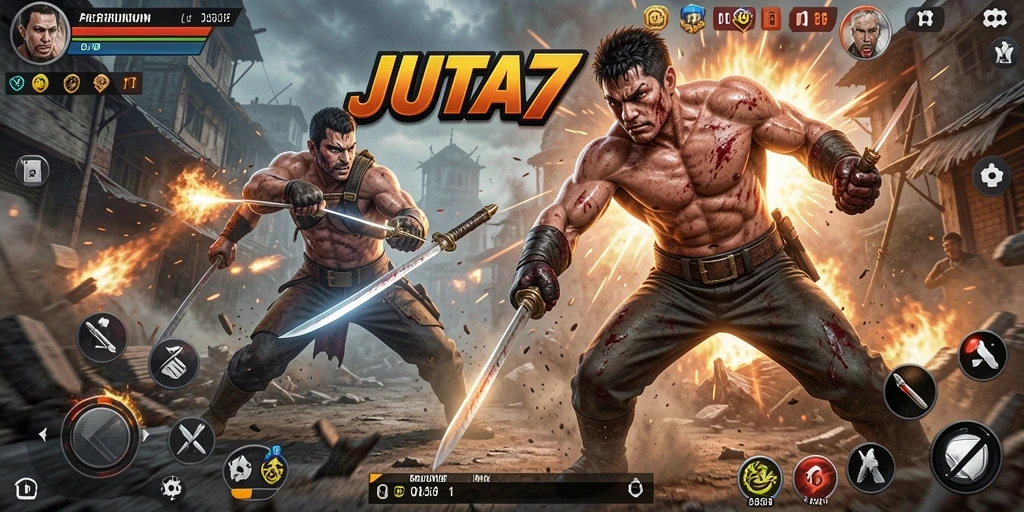 Screenshot dari gameplay JUTA7 yang menunjukkan aksi pertarungan yang intens.